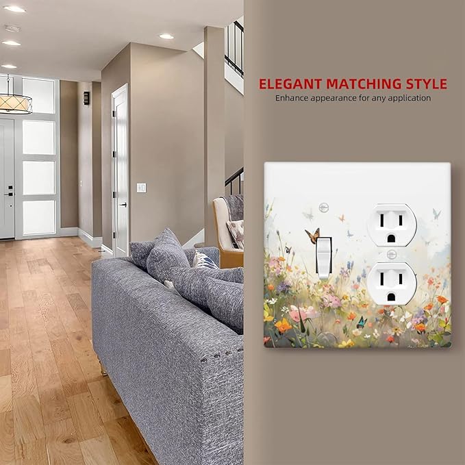 Wildflowers Watercolor Floral Colorful Butterfly Wallplates 1 Toggle 1 Duplex Switch Plate Electrical GFCI Faceplate Decorative Light Switch Covers for Farmhouse Bed Room Decor