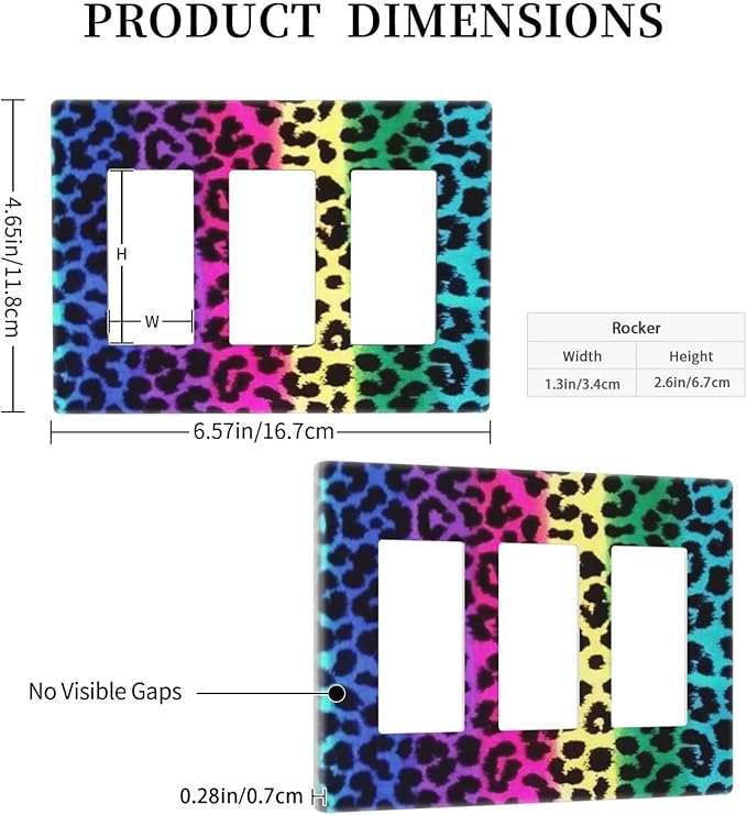 Rainbow Colorful Leopard 3 Gang Triple Rocker/Decor Light Switch Wall Plate Cover Decorative Electrical Faceplate For Girls Boys Home Bedroom Decorate Large Size 6.57" x 4.65