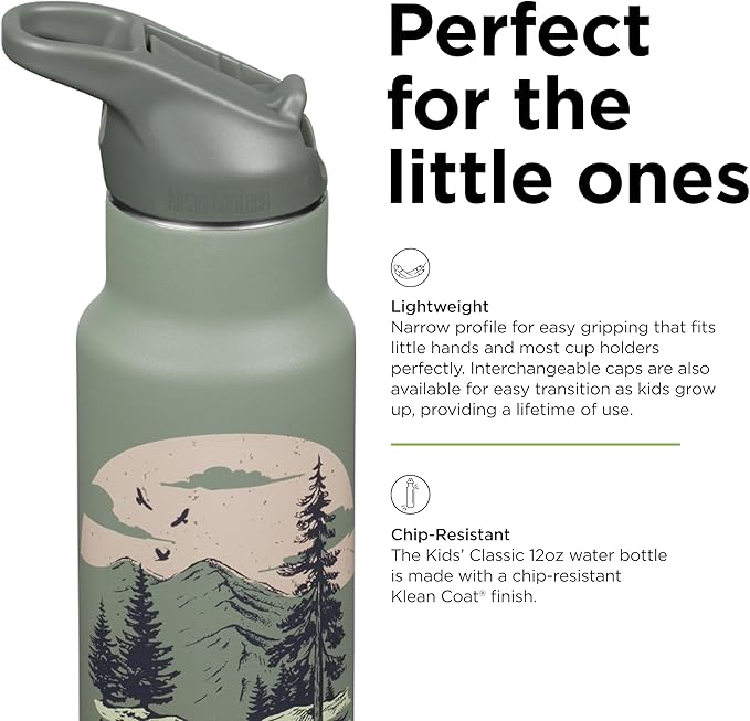 Klean Kanteen 12 oz Classic Kid's Insulated Water Bottle with Flip Seal Sport Cap - 100% Leakproof Cap - BPA-Free - Stainless Steel Material - Mountain Scape