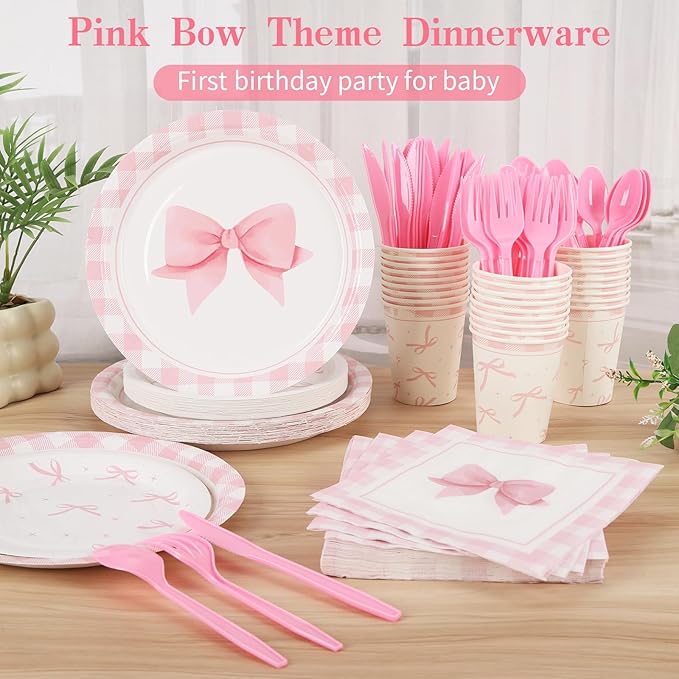 Coquette Birthday Decorations,210 Pcs Pink Bow Party Plates Napkins Cups Forks Spoons Knives Tableware Sets for Girls Birthday Party Decor,Serves 30