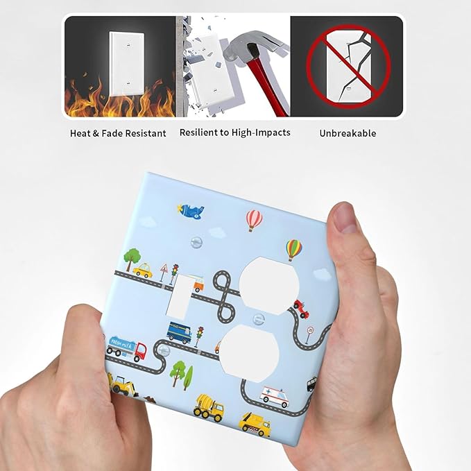 Road Construction Car Truck Hot Air Balloon Wallplates 1 Toggle 1 Duplex Switch Plate Electrical GFCI Faceplate Decorative Light Switch Covers for Nursery Kids Room Decor