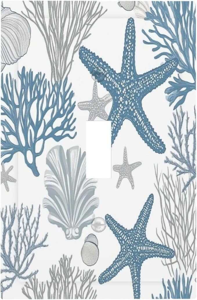 Blue Starfish Nautical Beach Conch Coastal Coral Shell Decorative Light Switch Cover 1 Gang Single Toggle Device Electrical Faceplate Switchplates Decorator Outlet Wall Plate For Kids Room Bathroom