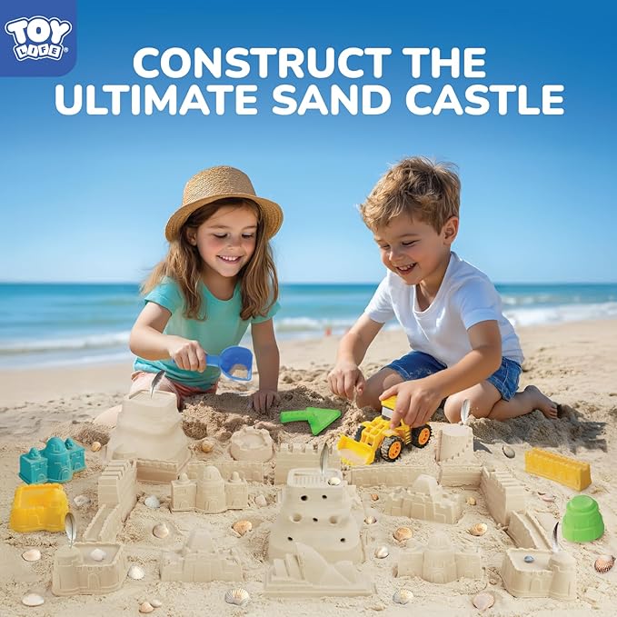 TOY Life 22 Pcs Dinosaur Beach Toys for Kids Ages 4-8 Collapsible Sand Toys with Construction Cars Silicone Bucket Shovels & Sand Castle Building Kit Molds, Sandbox Toy for Summer, Travel, Fishing