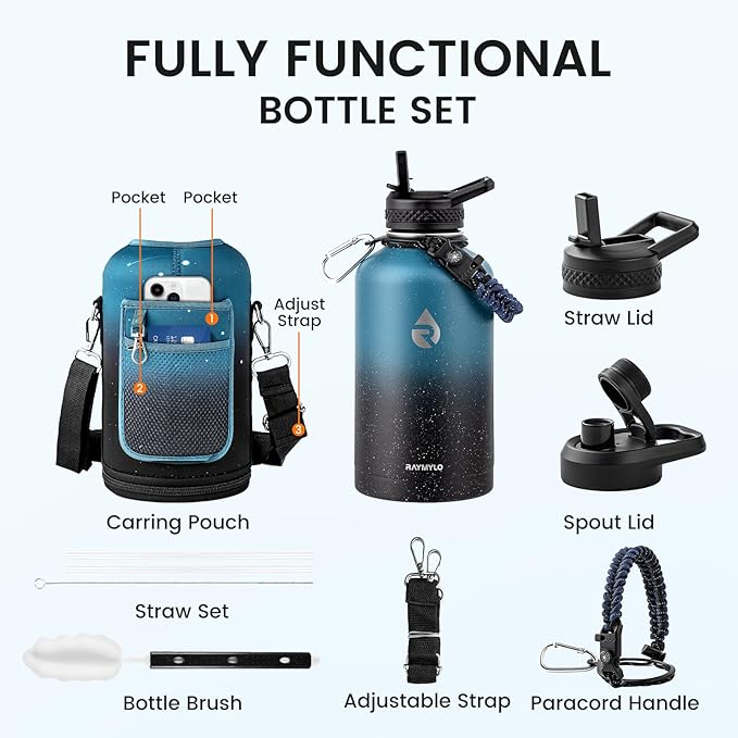 RAYMYLO 64oz Insulated Water Bottle, Triple Wall Vacuum Stainless Steel Water Bottles - Keeps Cold 48H, Reusable Half Gallon Jug for Gym, Sports, Camping, Hiking,Travel, Starry Sky-Indigo/Black
