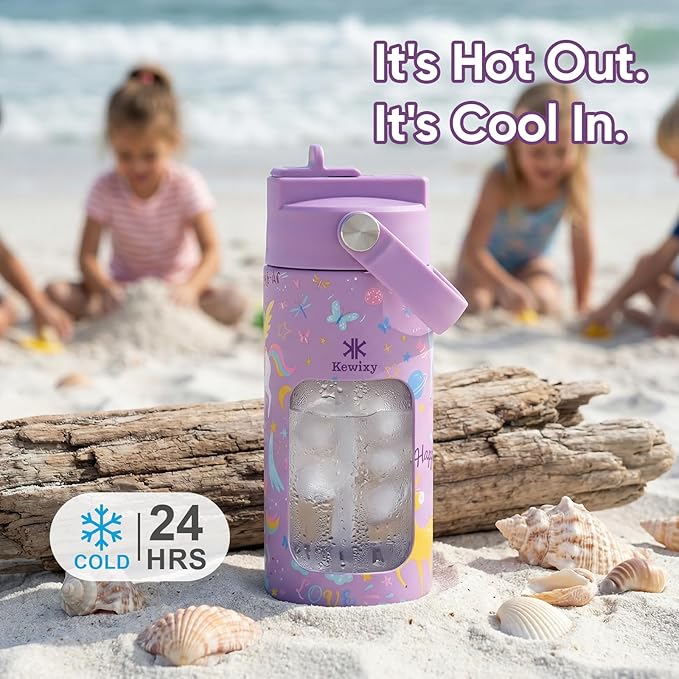 KEWIXY Kids Water Bottle for School, Easy Slide Lid, Leak Proof, Keep Cold 24H, Vacuum Insulated Tumbler, Metal Stainless Steel with Straw and Handle, for Boys&Girls (18OZ, Unicorn Lilac)
