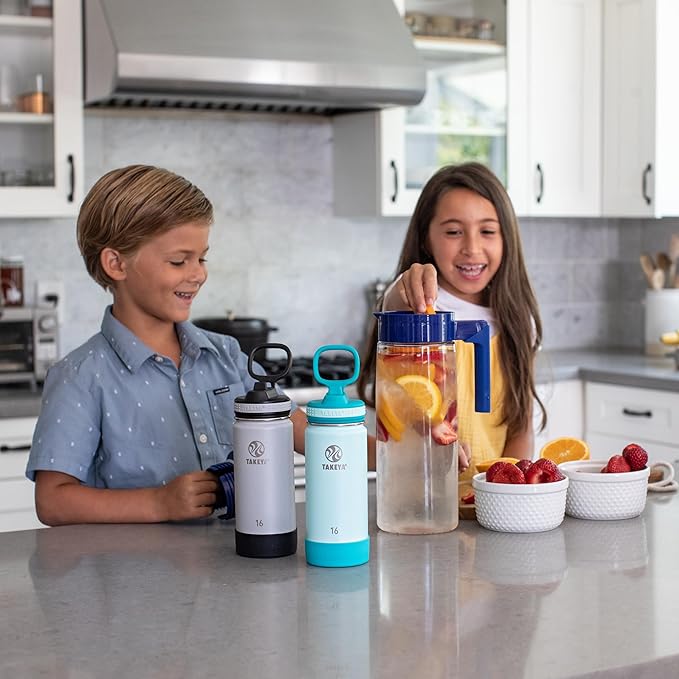 Takeya Actives Kids Water Bottle 16 oz Stainless Steel Double Wall Insulation BPA-Free Leakproof Straw Lid Easy Carry Handle Reusable Ideal for Boys and Girls, School, Sports - Surfer / Lagoon