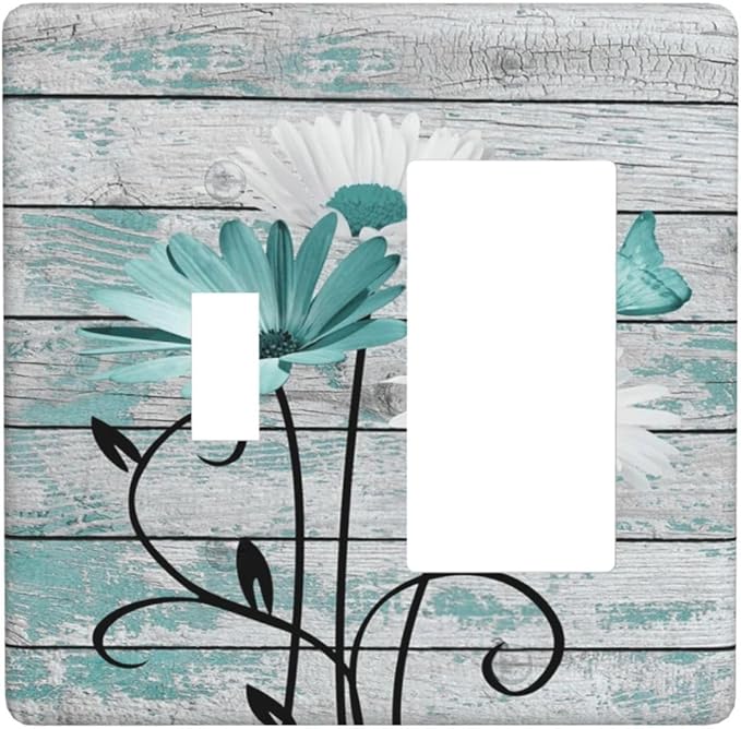 Teal White Daisy Flower Butterfly On Rustic Wood Board Outlet Covers 1 Toggle 1 Rocker Combination Decorative Wall Plate Electrical Switch Plates Light Switch Cover Plate for Farmhouse Bedroom Decor