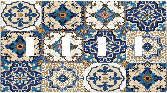 Light Switch Covers Mandala Decorative Tile Talavera Moroccan Tiles Quad Toggle 4 Gang Wall Plate Electrical Faceplate Decorative Switch Plates for Bedroom living Room Decor
