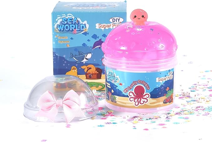 Octopus Ocean Slime Kit with Ice Cream Tub - 8 Oz Pink Crystal Slime, Resin Octopus Charm & Glitter - Non-Sticky Sensory Toys for Kids 6-12, Party Favors, STEAM Birthday Gifts