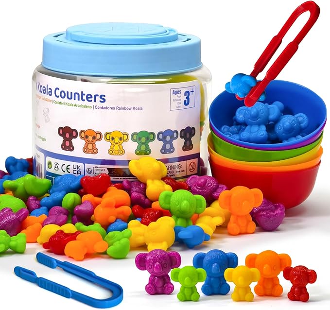 Pairez Toys Counting Toys for Toddlers, 60 Rainbow Koala Counters w/Sorting Bowls, Color Sorting, Counting & Math Manipulatives, Preschool Homeschool & Classroom Early Learning Supplies