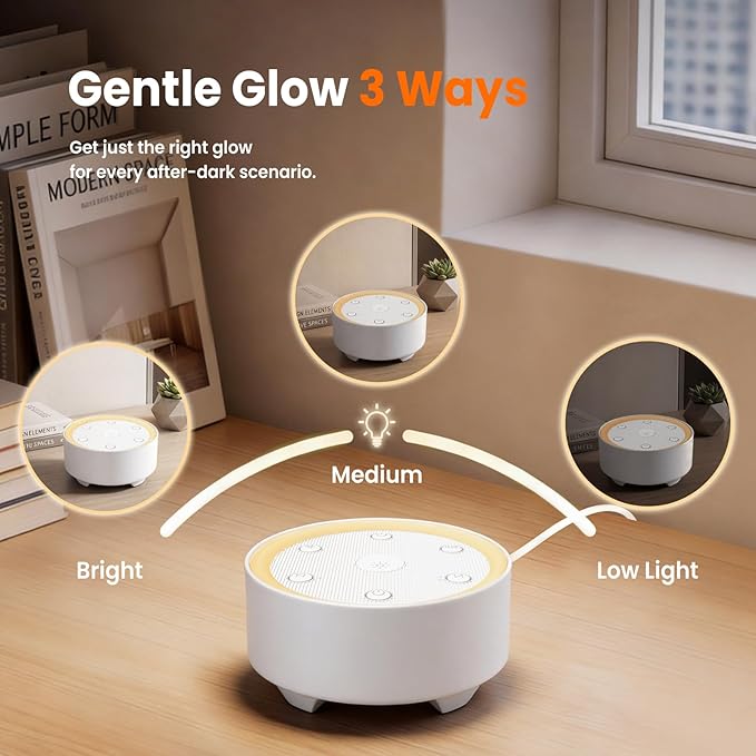 Kipcush White Noise Machine - 21 Soothing Non-Looping Sounds, Dimmable Night Light, & Blind-Touch Buttons | USB-Powered Portable Sleep Therapy for Babies, Adults, Office & Travel - White