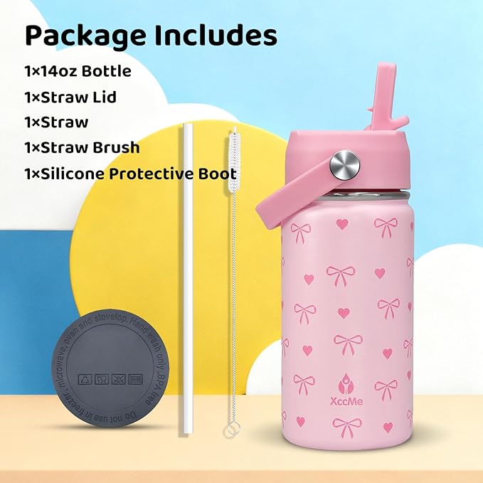 Kids Water Bottle With Straw Lid,Pink Bow 14 oz Stainless Steel Travel Bottle,Double Wall Leak Proof Kids Cup,Insulated Tumbler for Toddlers,Metal Bottle for School Boys Girls