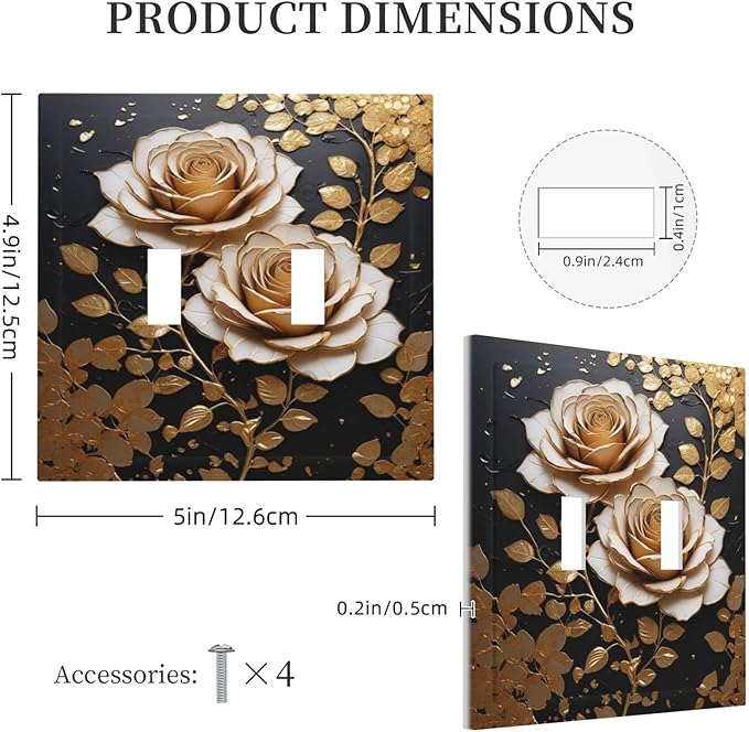 Decorative Light Switch Plate Covers Big Golden White Roses Glod Leaves Black Background 2 Gang Wall Plate Double Toggle Switch Cover Plate Electric Dual Device Electrical Faceplate