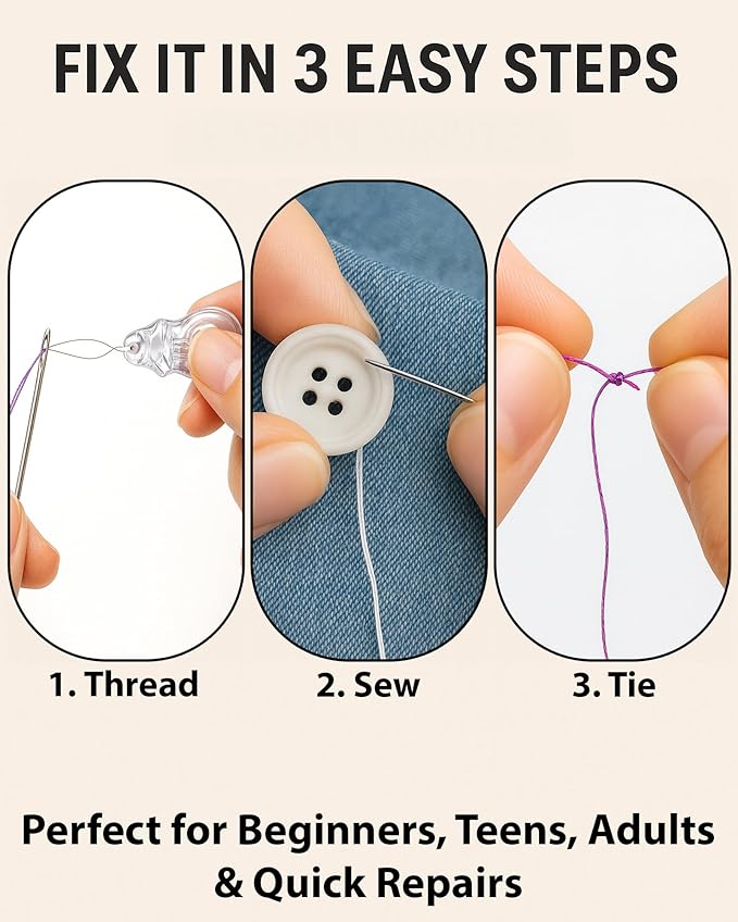 Beginner Hand Sewing Kit with Portable Case – Sewing Supplies for Adults & Kids, 22 Thread Spools, Needles, Scissors, Thimble & Measuring Tape for Home, Travel, Dorm & Emergency Clothing Repairs