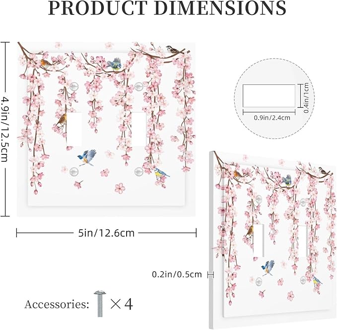 Pink Cherry Blossom Flower Vine Floral Tree Branch Birds Decorative Switch Plates 2 Gang Double Toggle Outlet Light Switch Cover Wall Plate Electrical Faceplate for Bedroom Living Room Decor