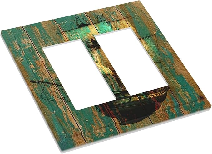 Decorative Outlet Covers Rustic Green Wood Grain Sailboat 2 Gang Double GFCI Rocker Electrical Wall Panels Light Switch Cover Plate for Farmhouse Bedroom Decor