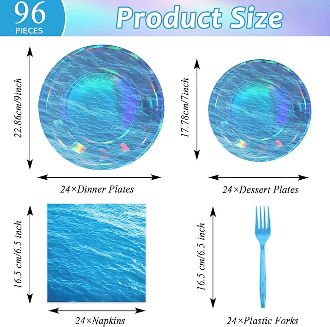 96 Pcs Iridescent Ocean Waves Party Plates and Napkins for Under The Sea Party Supplies Ocean Wave Themed Paper Dessert Plates Blue Tableware Set for Mermaid Pool Beach 24 Guests Party Decorations