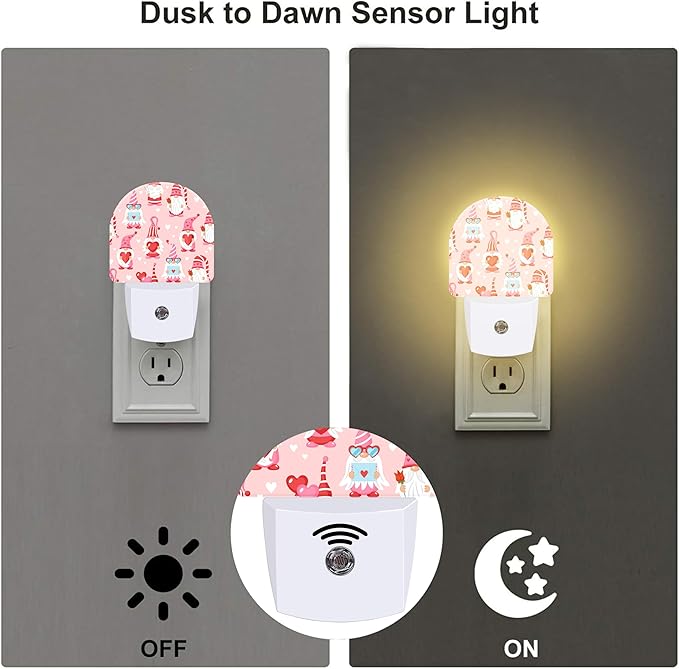 Cute Love Gnomes Night Lights,Gnomes with Red Hearts Plug in Night Light with Dusk to Dawn Sensor, 0.5w Energy Saving Nightlight for Hallway Stairway Birthday Mother's Day Gifts
