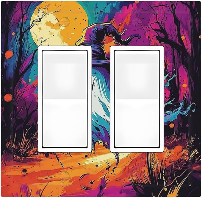 Decorative Outlet Covers Ghost Colorful Forest Moon Dead Tree 2 Gang Double Gfci Rocker Electrical Wall Panels Light Switch Cover Plate For Nursery Kids Room Decor
