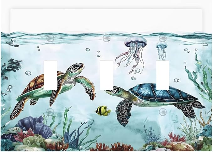 Sea Turtles Sea Coral Seaweed Ocean Jellyfish Decorative Switch Plates 3 Gang Wall Plate Triple Toggle Light Switch Cover Faceplate Electrical Wall Panels for Kids Room Bathroom Decor