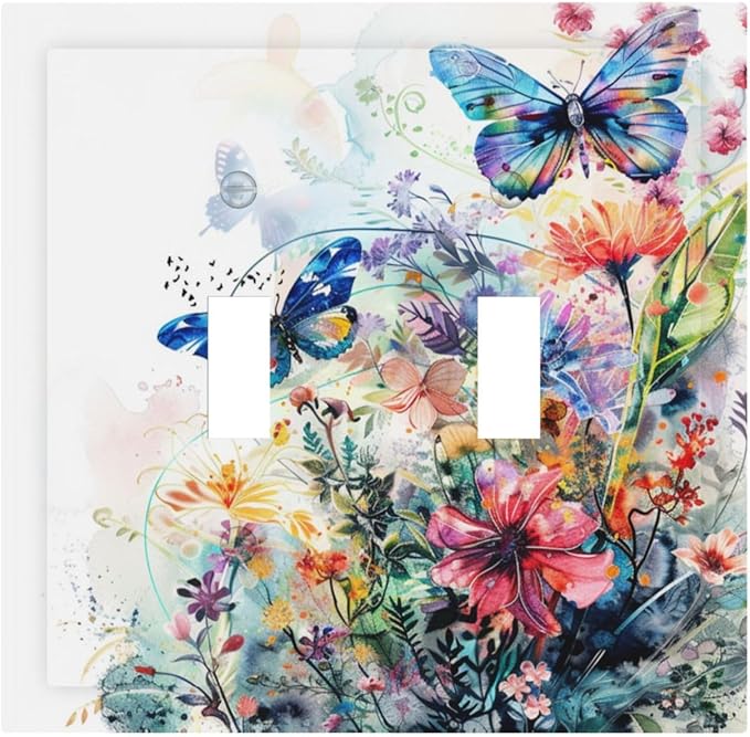 Light Switch Cover Plate Watercolor Colorful Floral Butterflies Wildflowers 2 Gang Double Toggle Decorative Switch Plates Wall Plates Electrical Faceplate for Bathroom Bedroom Decor