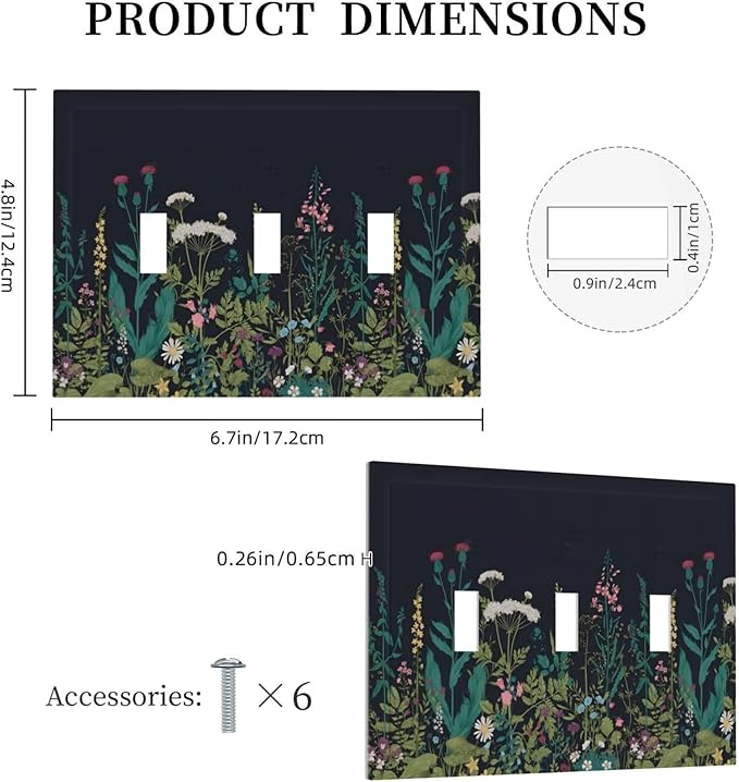 Boho Garden Flowers Weeds Floral Wildflowers Decorative Switch Plates 3 Gang Wall Plate Triple Toggle Light Switch Cover Faceplate Electrical Wall Panels for Bedroom Living Room Decor