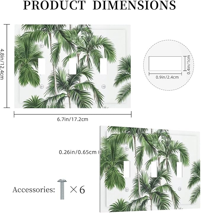 Decorative Switch Plates Palm Trees Tropical Green Plant Palm Leaf 3 Gang Wall Plate Triple Toggle Light Switch Cover Faceplate Electrical Wall Panels For Bed Room Bathroom Decor