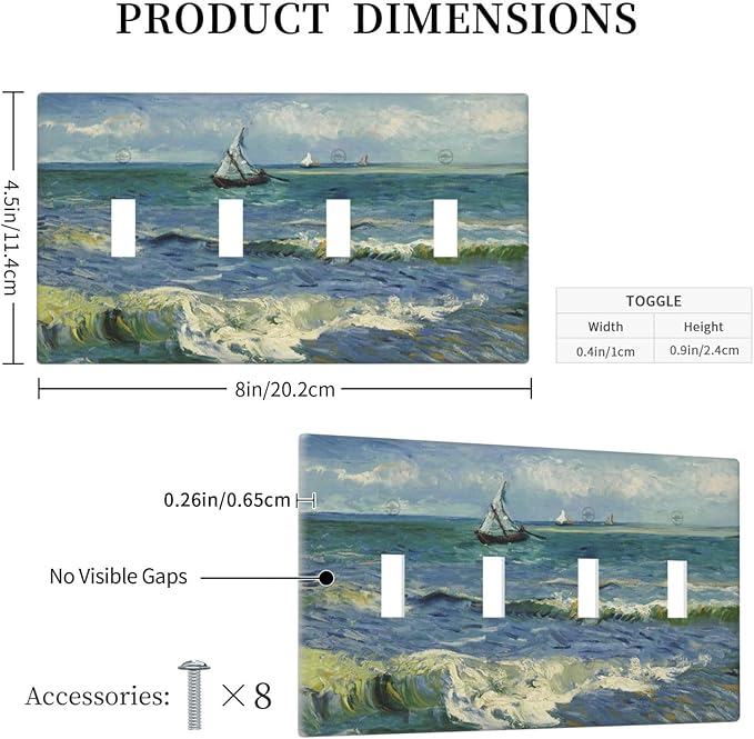 Nautical Ocean Waves Sailboat Painting Blue Sky Light Switch Covers Quad Toggle Electrical Faceplate 4 Gang Wall Plate Decorative Switch Plates Cover for Bathroom Bedroom Decor