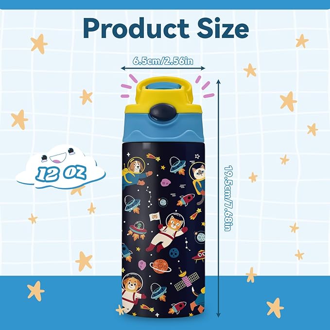 Space Water Bottle for Teens 12oz Stainless Steel Tumbler with Straw, Insulated Leak-proof BPA-free Pop-up Lid - Birthday Gift Idea for Boys Girls (1pc)