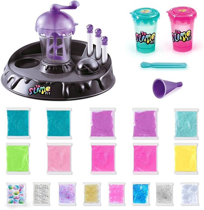 So Slime DIY Sensory Factory; Makes 10 Slimes; No Glue; No Mess; Sensory Mix’ins to Create ASMR Feels; Just Add Water and Turn The Crank; Slime Storage Containers Included