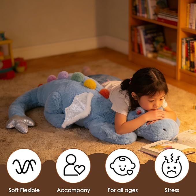 ARELUX Giant Weighted Winged Dragon Plush Toy - 35.4" 5lbs Soft Stuffed Animal for Comfort, Pterosaur Plushie Fuzzy Dinosaur Pillow Plushies Cuddly Removable and Washable Sky Blue