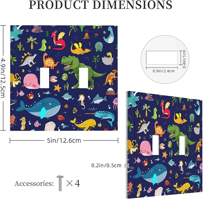 Cartoon Funny Cool Blue/Green Dinosaur Double Toggle Wall Plate Ocean Dolphin Safari Animal Boys Kids Whale Dolphin Decorative 2-Gang Light Switch Cover Electrical Receptacle Outlet Face Plate Cover