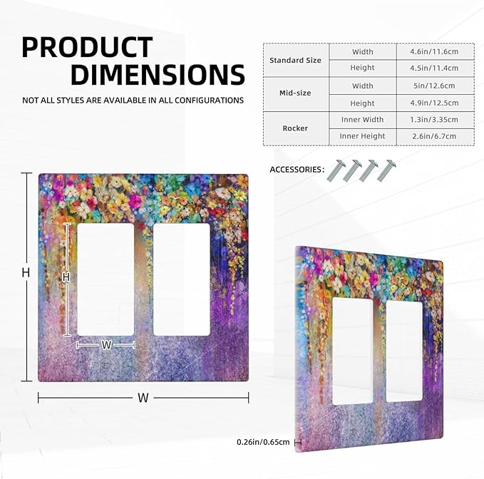 Colorful Floral Watercolor Flower 2 Gang Rocker Decora Light Switch Cover Decorative Purple Outlet Covers Wall Plate Electrical Faceplate Switchcovers GFCI for Farmhouse Bathroom Bedroom Decor