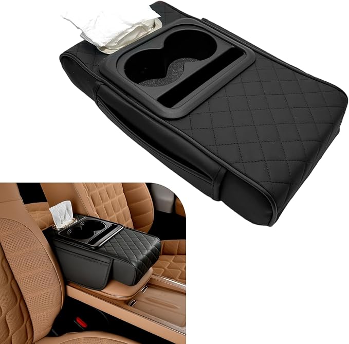 Car Center Console Cover, Upgrade 5-in-1 Genuine Leather Thickened Armrest Box, Armrest Storage Box with Cup, Universal Car Accessories Interior Organizers, for Most Cars (Black)