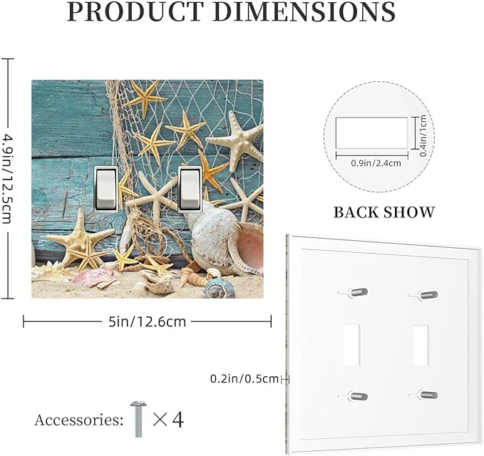 Rustic Coastal Seashell Double Toggle Switch Cover - 2-Gang Standard US Size Fisherman's Catch Beach Scene Light Switch Covers for Bathroom Decor