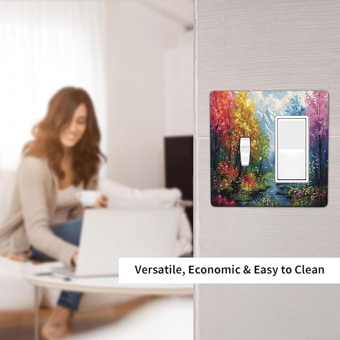 Colorful Forest Snow Mountain River Oil Painting Style Outlet Covers 1 Toggle 1 Rocker Combination Decorative Wall Plate Electrical Switch Plates Light Switch Cover Plate for Bedroom Living Room Decor