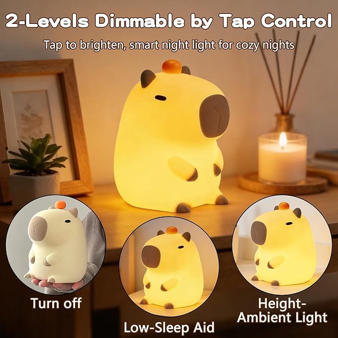 FAMIDUO Capybara Night Light, Long-Lasting Silicone Squishy Lamp, Cute Animal Nursery Light with 20-Min Timer, Dimmable Bedside Lamp for Kids Room, College Dorm Decor, Funny Gifts for Girls Boys Baby