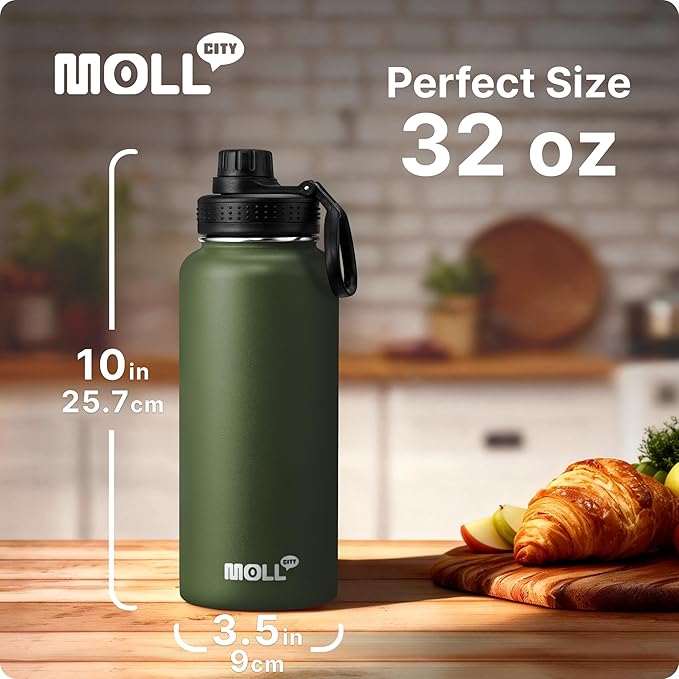 Insulated Water Bottle - 32 oz Stainless Steel Vacuum Wide Mouth Sports Flask With Silicone Boot - Reusable Metal Travel Bottle With Spout Lid (Grass Green)