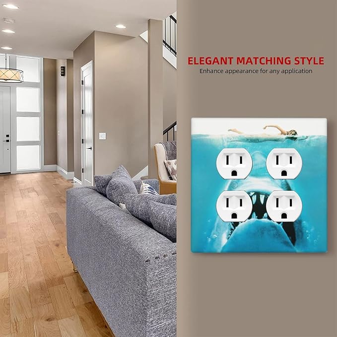 Beach Shark Oceanjaws Movie Vintage Look Outlet Covers 2 Gang Double Duplex Decorative Light Switch Covers Electrical Wallplates Socket Faceplate for Bathroom Kids Room Decor