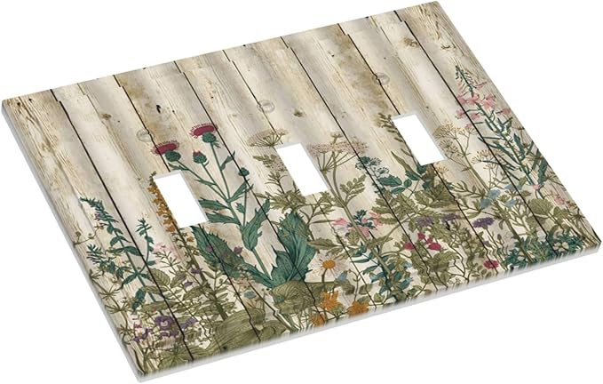 Vintage Wild Flowers Botanical Green Leaves Plants 3 Gang Light Switch Covers Decorative Rustic Wood Plank Triple Toggle Wall Plate Electrical Faceplate Switchplate for Farmhouse Bedroom Decor