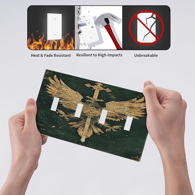 Medieval Retro Golden Eagle Totem Light Switch Covers Quad Toggle 4 Gang Wall Plate Decorative Switch Plates Electrical Faceplate for Bedroom Living Room Decor