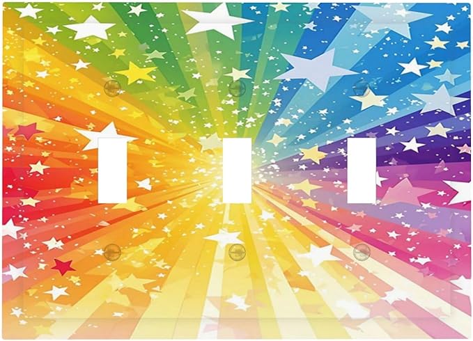 Light Switch Cover Plate Rainbowcolored Rays With White Stars 3 Gang Triple Toggle Decorative Switch Plates Wall Plates Electrical Switchplate Faceplate for Nursery Home Decor