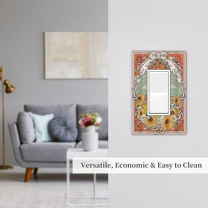 Boho Retro Sun Sunflower Vintage Flower Butterfly Decorative Outlet Covers 1 Gang Single Rocker Light Switch Cover Plate Wall Plates GFCI Faceplate for Farmhouse Home Decor