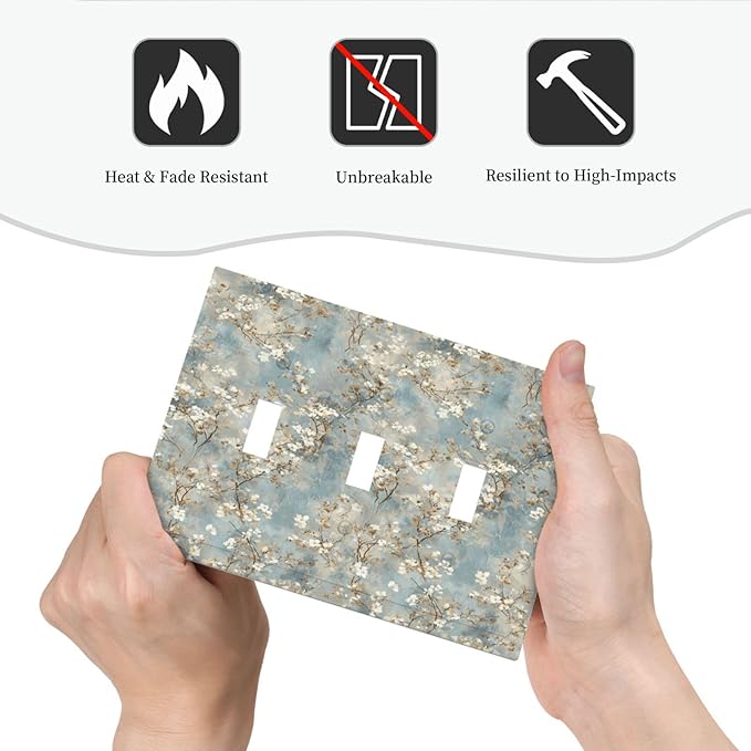 Decorative Light Switch Cover Plate Rustic Blue White Plum Blossom Flower 3 Gang Wall Plates for Electrical Triple Toggle Switch Plate Covers Outlet Covers Faceplate for Bedroom Decor