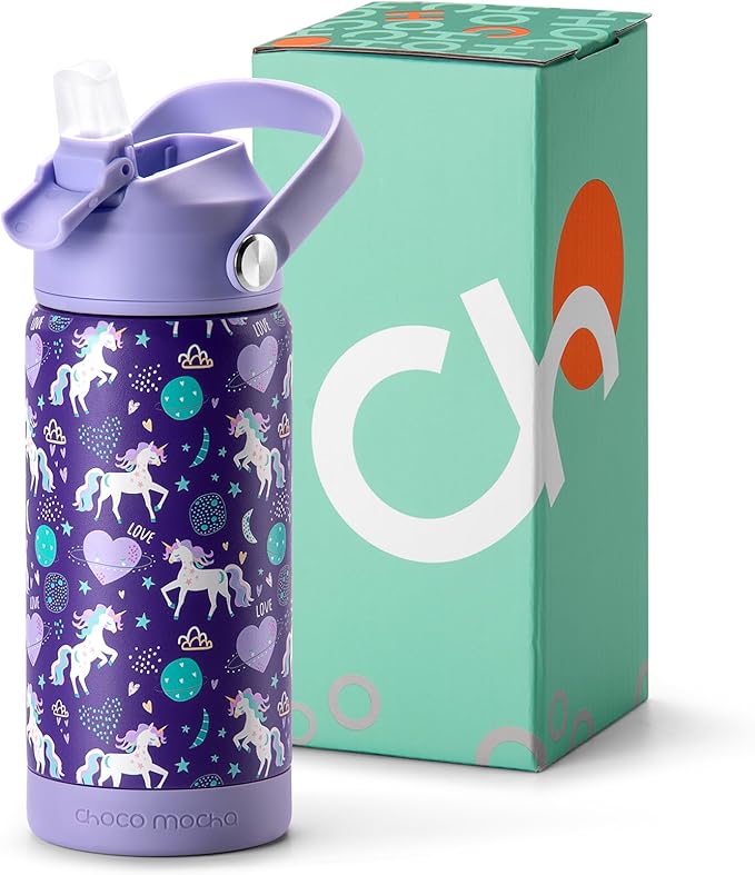 Choco Mocha Kids Water Bottle For School, Kids Insulated Water Bottle Stainless Steel for Girls,14Oz Purple Unicorn