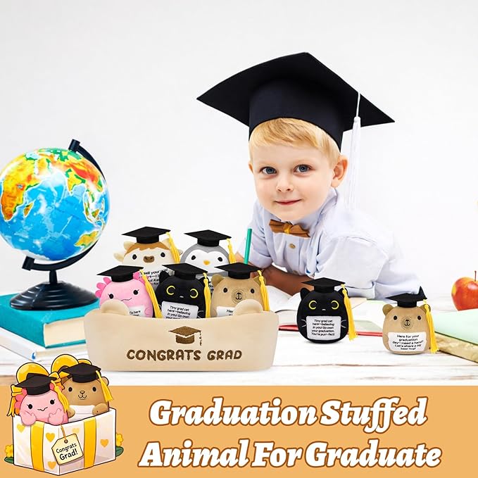 6 Pcs Emotional Support Plush Set,Graduation Stuffed Animal 2026 with Basket & Graduations Words,Cute Graduation Plush for Kids Men Women,Graduation Gifts for Kindergarten,High School College