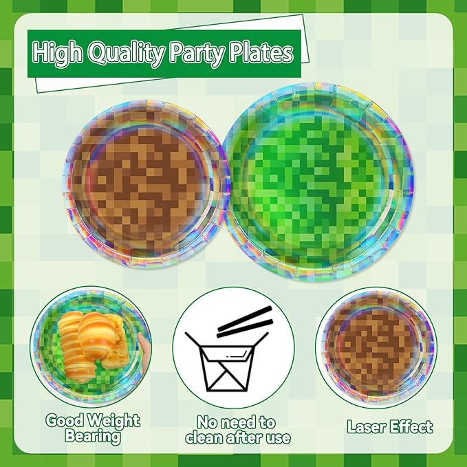 96 Pcs Iridescent Pixel Birthday Party Plates and Napkins Pixel Party Decorations Mining Theme Supplies Gamer Paper Dessert Plates Mining Video Game Tableware Set for Kids Baby Shower 24 Guests