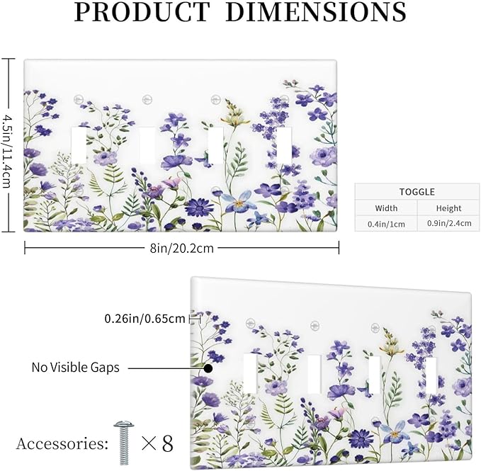 Lavender Wildflowers Purple Flowers Plant Floral Light Switch Covers Quad Toggle Electrical Faceplate 4 Gang Wall Plate Decorative Switch Plates Cover for Bedroom Living Room Decor