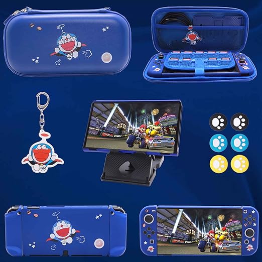 GUTIAL Accessories Bundle for Nintendo Switch OLED - Cute Kawaii NS OLED Accessories kit for Grils Boys Kids with Carrying Case, Cartoon Dockable Cover Case, Screen Protector, Stand - Blue