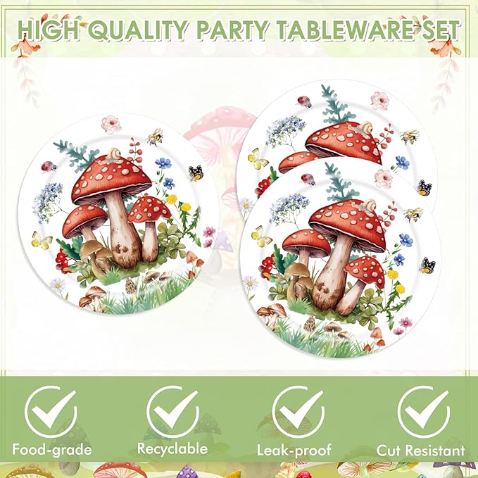 40PCS Mushroom Birthday Decorations Forest Theme Fairy Birthday Party Decorations Mushroom Decorations for Party Mushroom Plates and Napkins for Kids Boys Girls Baby Shower